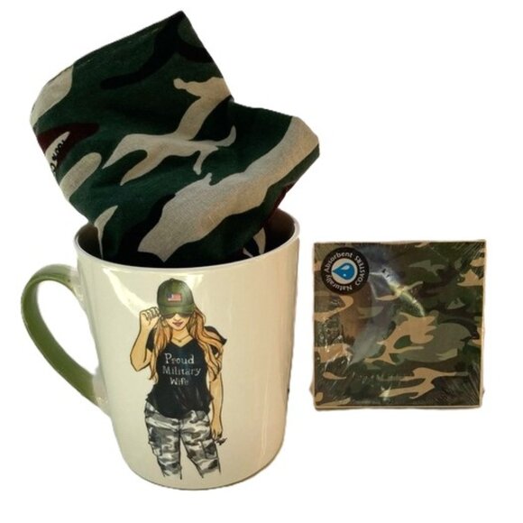 Proud Military Wife 18 oz Mug Camouflage Bandana and Drink Coaster GIFT SET - Picture 1 of 13